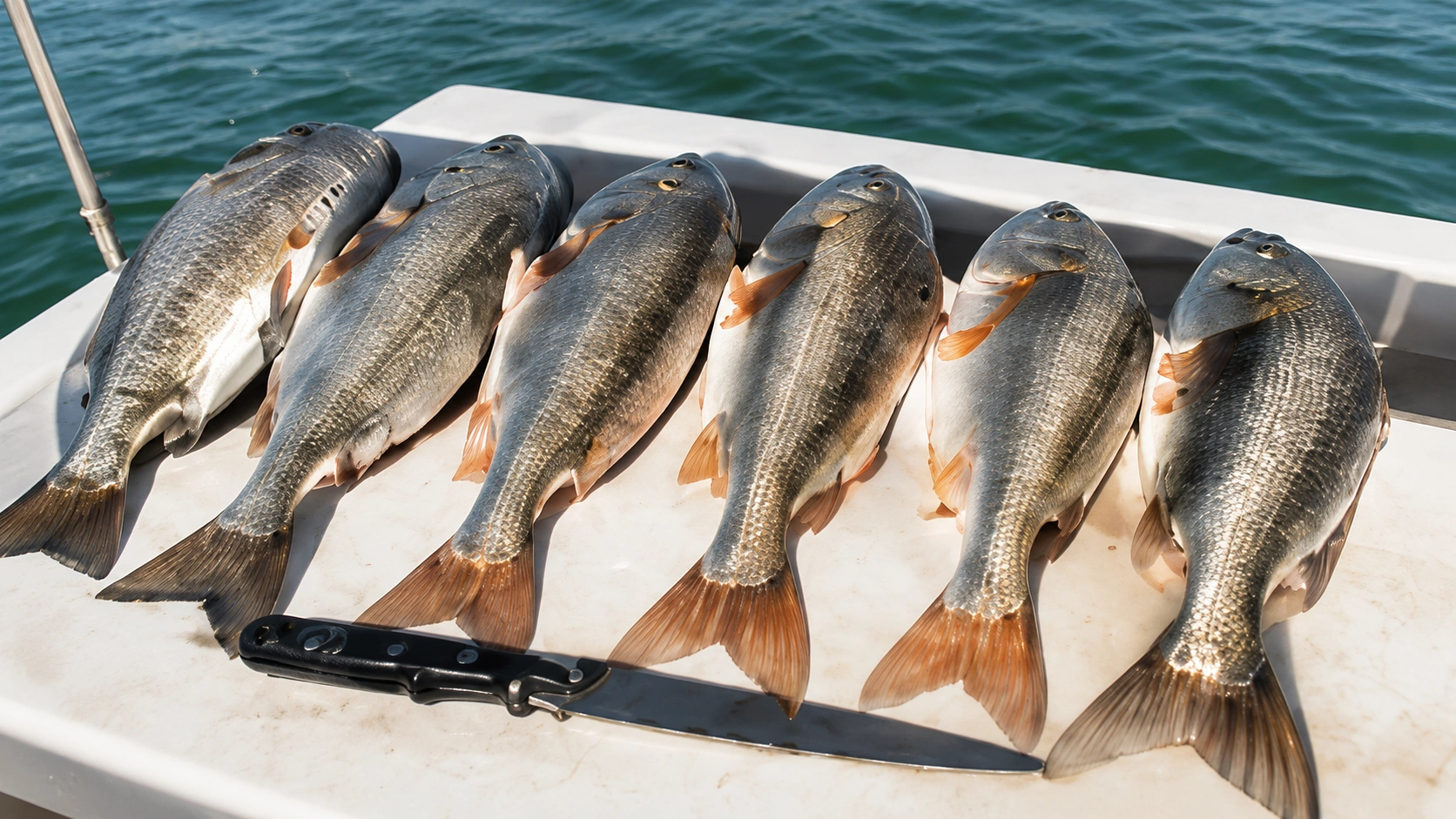 Freshly caught redfish lined up on a fillet table after a Sarasota fishing charter